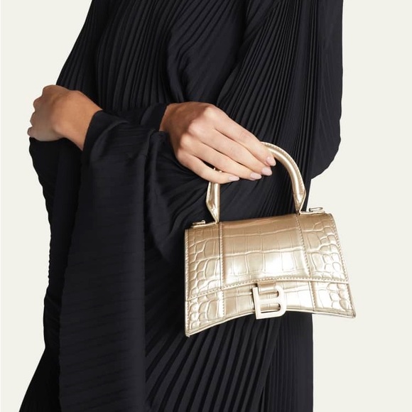 Balenciaga Hourglass XS Metallic Croc-Embossed Top-Handle Bag in Light Gold - Picture 2 of 11